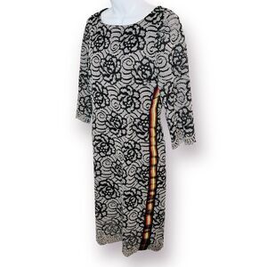 Nicole Miller Floral Lace Overlay Multicolor Side Stripe Midi Dress Black M